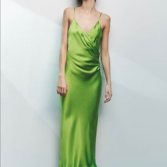ZARA Satin Dress Lime Green Viral - Picture 2 of 12